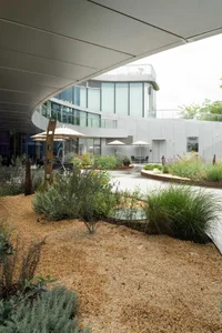 A modern building with multiple windows and balconies, featuring gray and white colors, umbrellas, and potted plants