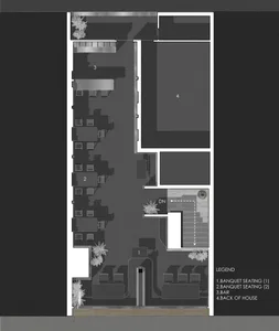 A 2D floor plan of a well-designed living space with multiple seating areas, potted plants, and a mix of linework, labels, and measurements