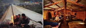A photo of a campsite with people enjoying nature, next to a rendered wooden cabin for shelter and comfort