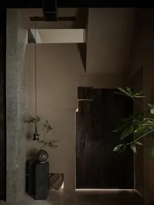 A calm and inviting hallway with a wooden door, potted plant, vases, and a bowl, surrounded by walls and a floor