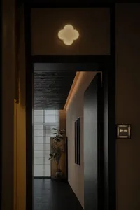 A cozy hallway with a doorway, two framed pictures, a potted plant, and a vase, adding decorative elements to the space