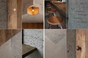 Interior design project featuring stools, chairs, dining tables, and lights in a space with cement walls and a modern aesthetic