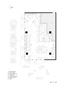 2D floor plan of a modern restaurant with dining area, tables, chairs, and potted plants