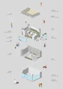 2D hotel floor plan with labeled rooms, doors, windows, and furniture, featuring English and Chinese text, with guests and staff present