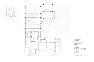 2D floor plan of a modern hotel with various rooms and spaces, including a dining area, kitchen, living room, and bedrooms, presented in a clean and organized manner