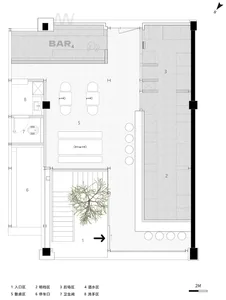 2D floor plan of a modern building with a bar area, kitchen, dining area, living room, and bedroom, featuring a tree in a pot and scattered chairs