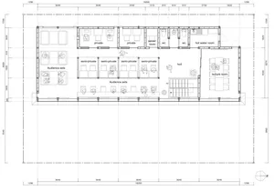 2D floor plan of a modern hotel with various rooms and amenities, including a lobby, dining area, and bar, with a focus on functional space planning and comfortable atmosphere