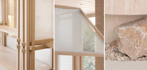 Interior design project featuring benches in front of a window, a wooden structure with a white canopy, and an exterior view of a building