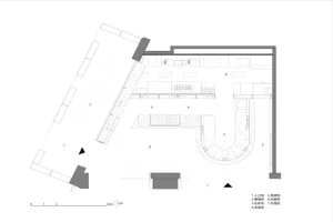 2D floor plan of a modern hotel with clear lines, minimal decor, and well-lit spaces