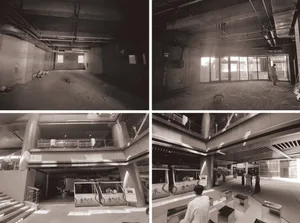 Dark and empty interior space with concrete walls and floors, captured from multiple angles