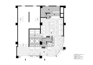 A 2D floor plan of a modern restaurant with multiple dining tables and chairs arranged in a welcoming layout