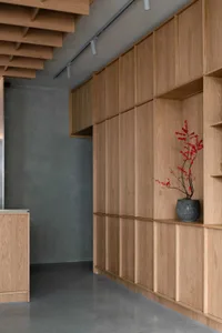 Warm and cozy interior space with wooden walls and cabinets, featuring two potted plants and a decorative vase