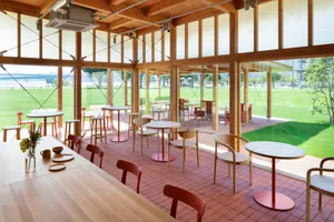 Inviting restaurant interior with dining tables, chairs, and umbrellas providing shade to guests