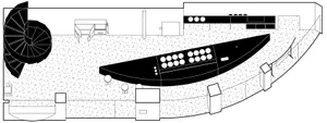 A large black airplane is displayed in a museum or art gallery, surrounded by chairs and dining tables, creating an interactive space for visitors to explore