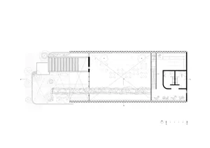 Architectural drawing of a residential building with a dining area, kitchen, and living room, featuring chairs and clocks