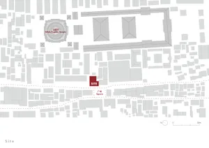 2D architectural plan of a temple with labeled rooms and spaces, featuring stone or brick walls and natural lighting