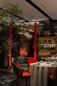 Elegant dining space with a wooden table and chairs, wine bottles, and a sophisticated atmosphere