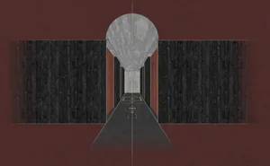 A modern hallway with a black background, featuring two doors and a dramatic atmosphere