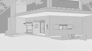 A modern coffee shop with a gray exterior, featuring a large window, outdoor benches, and a dining table, creating an inviting atmosphere