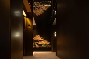 A dark and narrow hallway with a tree sculpture made of branches and leaves, surrounded by potted plants and a sense of natural ambiance