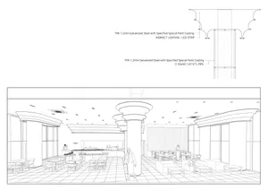 A large room with multiple dining tables, chairs, and benches, suggesting a restaurant or public gathering area