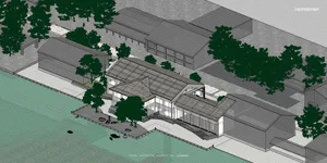 Modern house near water with large windows, smaller windows, and a peaceful atmosphere