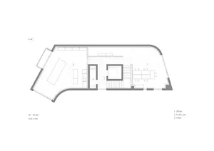 2D floor plan of a modern house with white and gray linework, labels, and measurements indicating various rooms and spaces