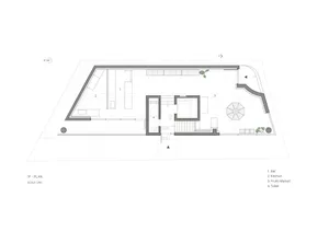 Top-down view of a modern home with open and enclosed areas, neutral colors, and highlighted lighting