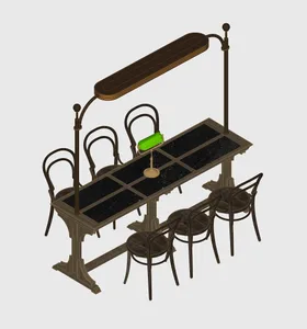 Black and white floor plan of an outdoor bar area with a dining table and four chairs