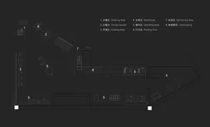 Black and white floor plan of an Asian restaurant with various rooms, tables, chairs, and furniture pieces