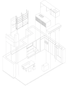 Empty minimalist room with a dining table, chairs, refrigerator, and sink, featuring a calm and inviting atmosphere