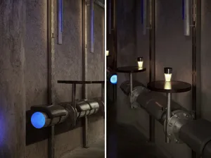 Industrial space with pipe system, multiple tables, and scattered lights, conveying a functional and utilitarian atmosphere