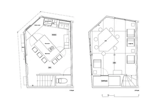 Black and white floor plan of a multi-functional space with various rooms, hallways, furniture, and sinks