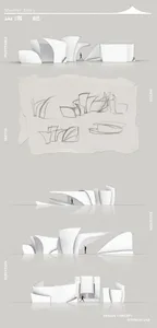 Architectural drawing of a modern museum with clean lines and minimalistic elements, featuring a ground level view and elevation view
