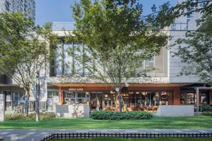A restaurant with tables and chairs surrounded by a large tree and potted plants, creating a relaxed and inviting atmosphere