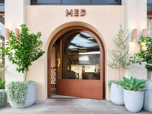 Spacious entrance with a brown door, natural light from a large window, and two potted plants on either side, with three chairs placed in different areas within the room