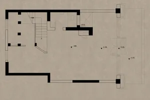 2D floor plan of a modern house with concrete floors and walls, featuring various rooms and dimensions