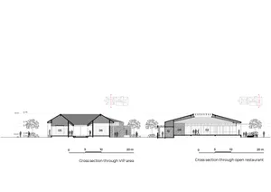 Detailed cross-section view of a modern building with various rooms and dimensions, showcasing a mix of residential and commercial areas