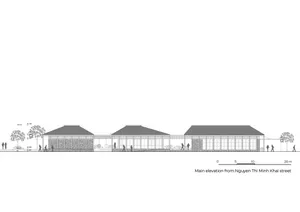 Architectural rendering of a modern building with multiple levels, a rooftop terrace, and a mix of open and enclosed spaces, featuring concrete and glass elements