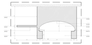 Architectural floor plan with curved stairwell, walls, doors, and windows labeled and measured in a modern design