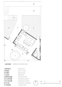 2D floor plan of a modern house with various rooms and spaces labeled in English and Chinese, featuring a combination of wood and concrete materials