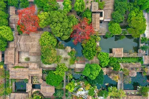 A tropical house with a red roof surrounded by trees, set in a peaceful and serene environment
