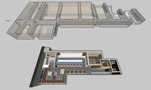 Architectural rendering of a modern building interior with various rooms and spaces, showcasing a functional and organized layout