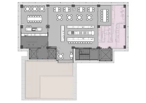 Empty restaurant floor plan with multiple dining tables and chairs, modern design, and ample seating options