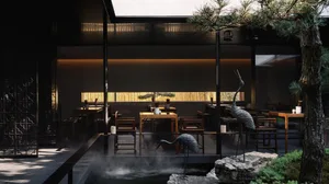 Warm and inviting restaurant interior with tables, chairs, and potted plants