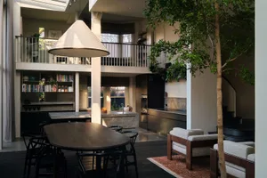 Modern kitchen with a center island, black countertops, and a dining table surrounded by chairs, with multiple potted plants adding to the lively atmosphere