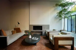 Cozy living room with a fireplace, two couches, chairs, a potted plant, and a book, set against a backdrop of a large window and natural light