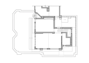 Architectural drawing of a modern home with multiple levels, featuring various rooms and their connections