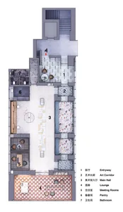 2D floor plan of a modern hotel with open layout, featuring various rooms and spaces, including a dining area, kitchen, and living areas