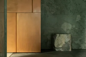 A spacious entryway with a large brown door featuring a gold metal finish, situated in front of a green-tinted wall, with two additional doors on either side and a rock in the center